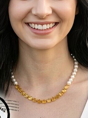 Natural Yellow Citrine & Large Genuine Baroque Pearls In Trendy Gold Necklace